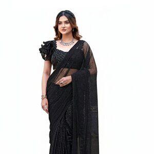 Armani Women's Black Tulle Saree with Intricate Bead Handwork